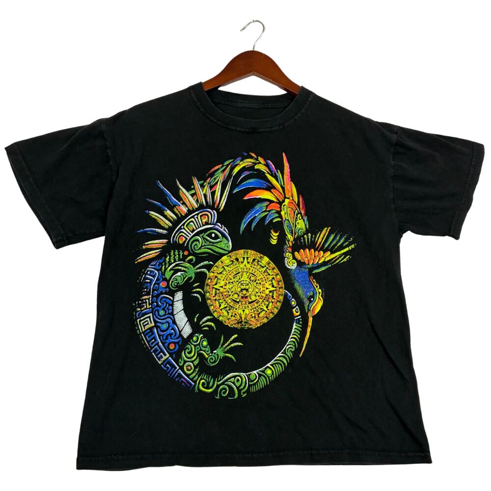 Aztec Mayan Calendar Graphic T Shirt Black Neon Tribal Mexico Art Tee